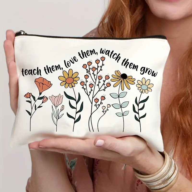 Transfronterizos Amazon día del maestro bolsas de maquillaje patrón de letras lino impresión doble cara maquillaje zipper bolsas damas