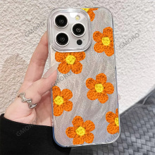 亚马逊热销橙色针织花朵适用iPhone16手机壳17苹果15羽纱工厂批发