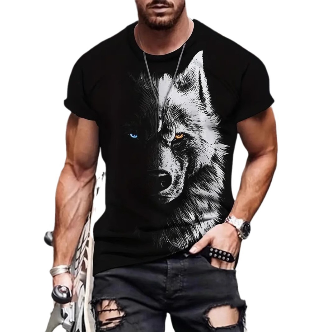 Camiseta transfronteriza de cuello redondo de manga corta transpirable de malla suelta de los hombres con estampado 3D de lobo oscuro
