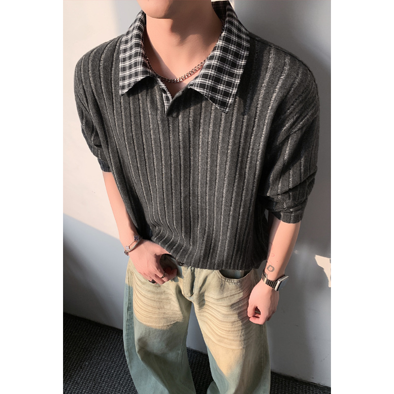 Korean-style Plaid Turn-down Collar Long-sleeve T-shirt For Men, Spring Cleanfit Youthful Look, American-style_voghion.com