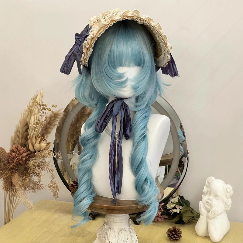 Wig for Women with Bangs, Long Curly Hair, Jellyfish Head, Peacock Blue and Green Lolita, Same Style as Lolita, Simulated Natural Full Headgear