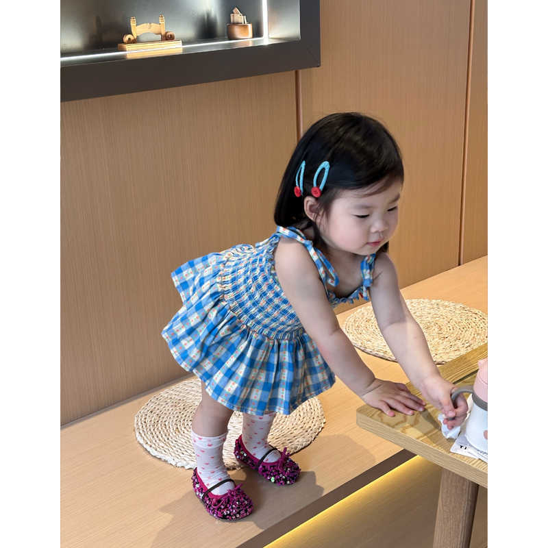 In-Stock Quick Delivery Girls' Summer Dress New Sweet Style Children's Blue Plaid Suspender Dress for Baby Girls
