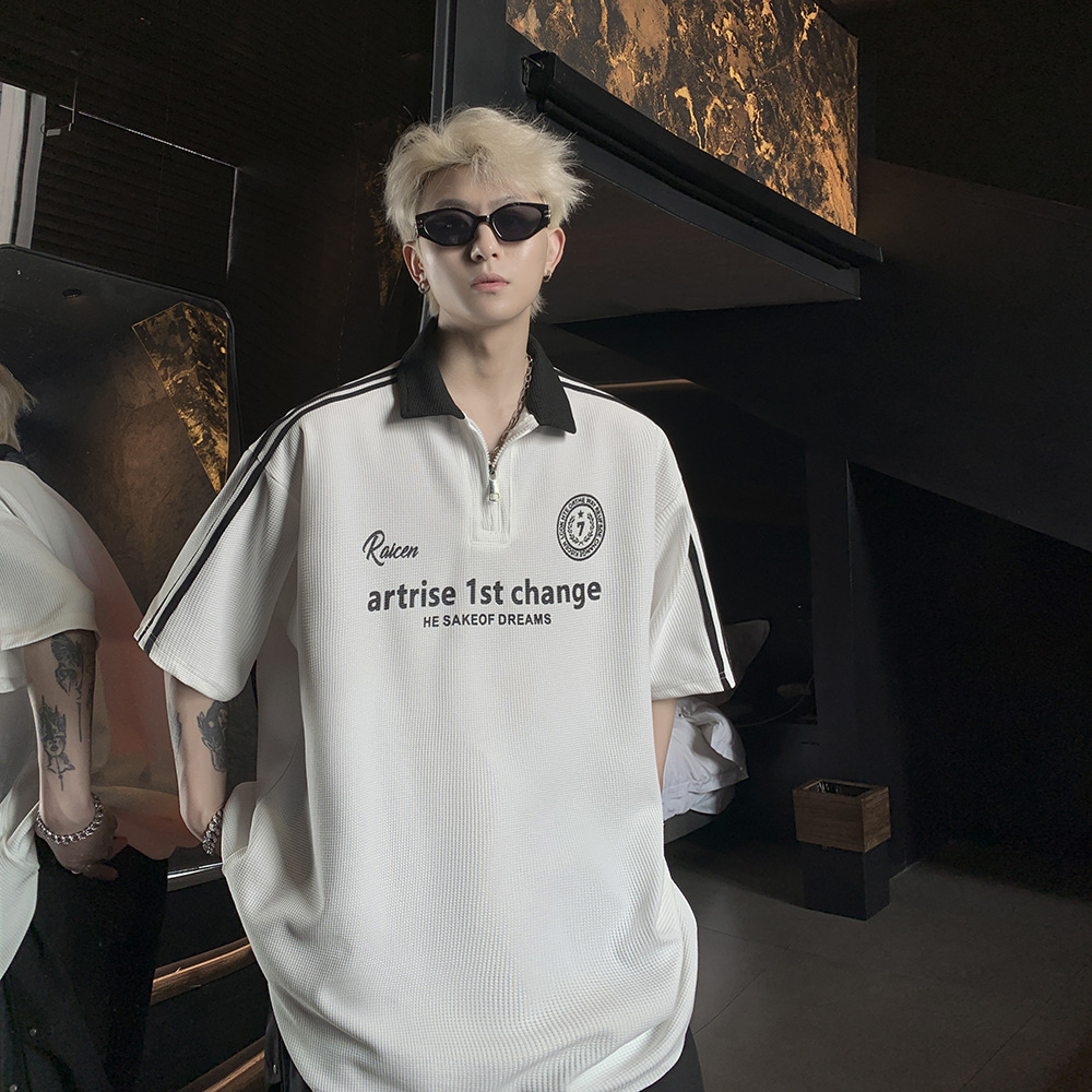 美式高街短袖polo衫男夏季穿搭2025新款半拉链领半袖t恤痞帅衣服