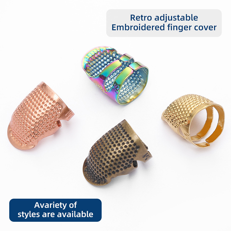 Anillo de dedal ajustable retro europeo, herramienta de costura de punto de cruz, cubierta de dedos bordada de metal antideslizante hecha a mano para el hogar