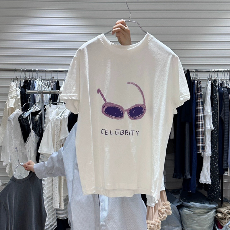 Now the New 2026 Spring and Summer Korean Dongdaemun Hand-Painted Glasses Pattern Letter Print Short-Sleeved T-Shirt