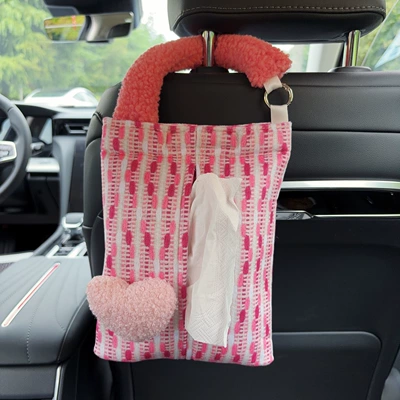 Car tissue box/set 2-in-1, West Highland style, trendy car - pink-heart-shaped-fabric-hanging-tissue-bag