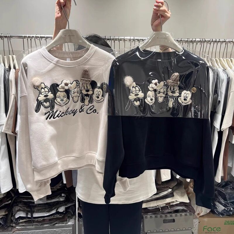 Long-Sleeve Sweatshirt for Women, Plus Size, Women's Clothing 150kg Heavy-Duty Rhinestone Letter Embroidery, Fleece-Lined Cartoon Short Long-Sleeve Sweatshirt