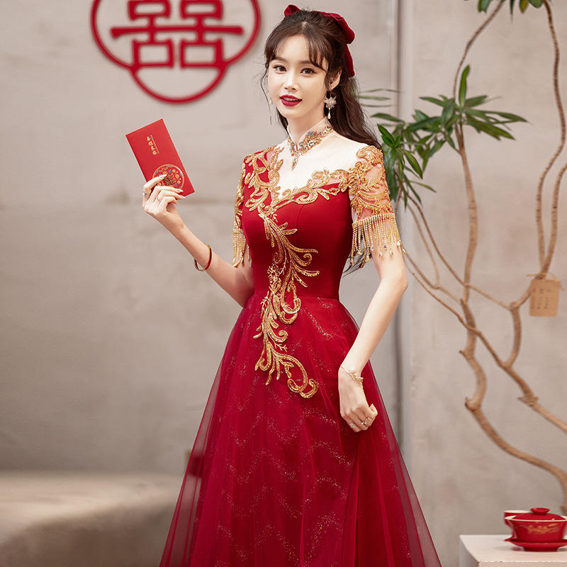 Vestido tostado de estilo chino para la novia, boda transfronteriza, ropa informal el día de la boda, vestido de compromiso de primavera burdeos, vestido de novia para mujer