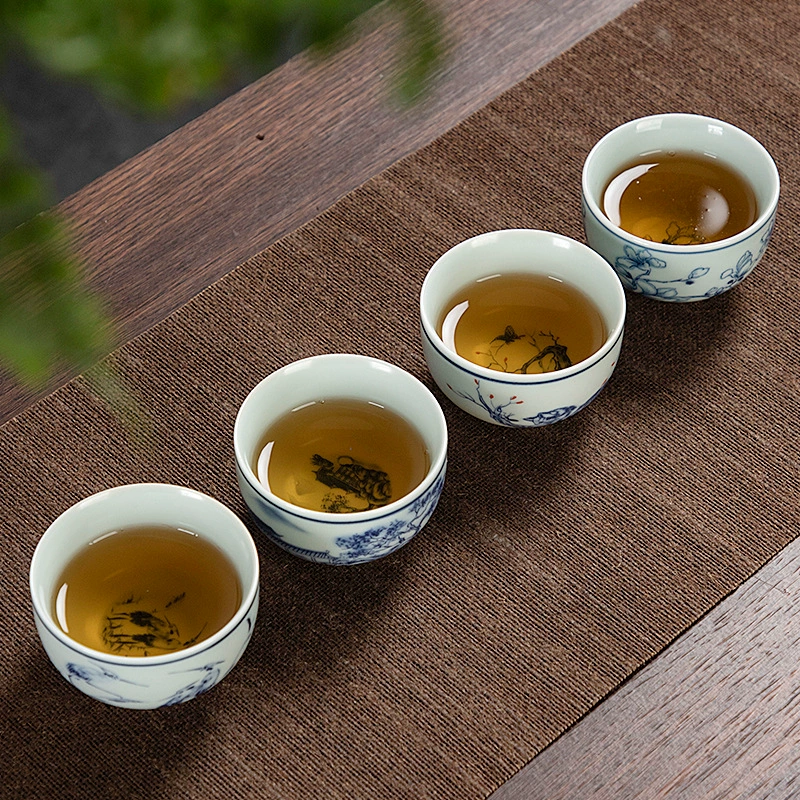 Tea cup, ceramic retro blue and white tea set for office
