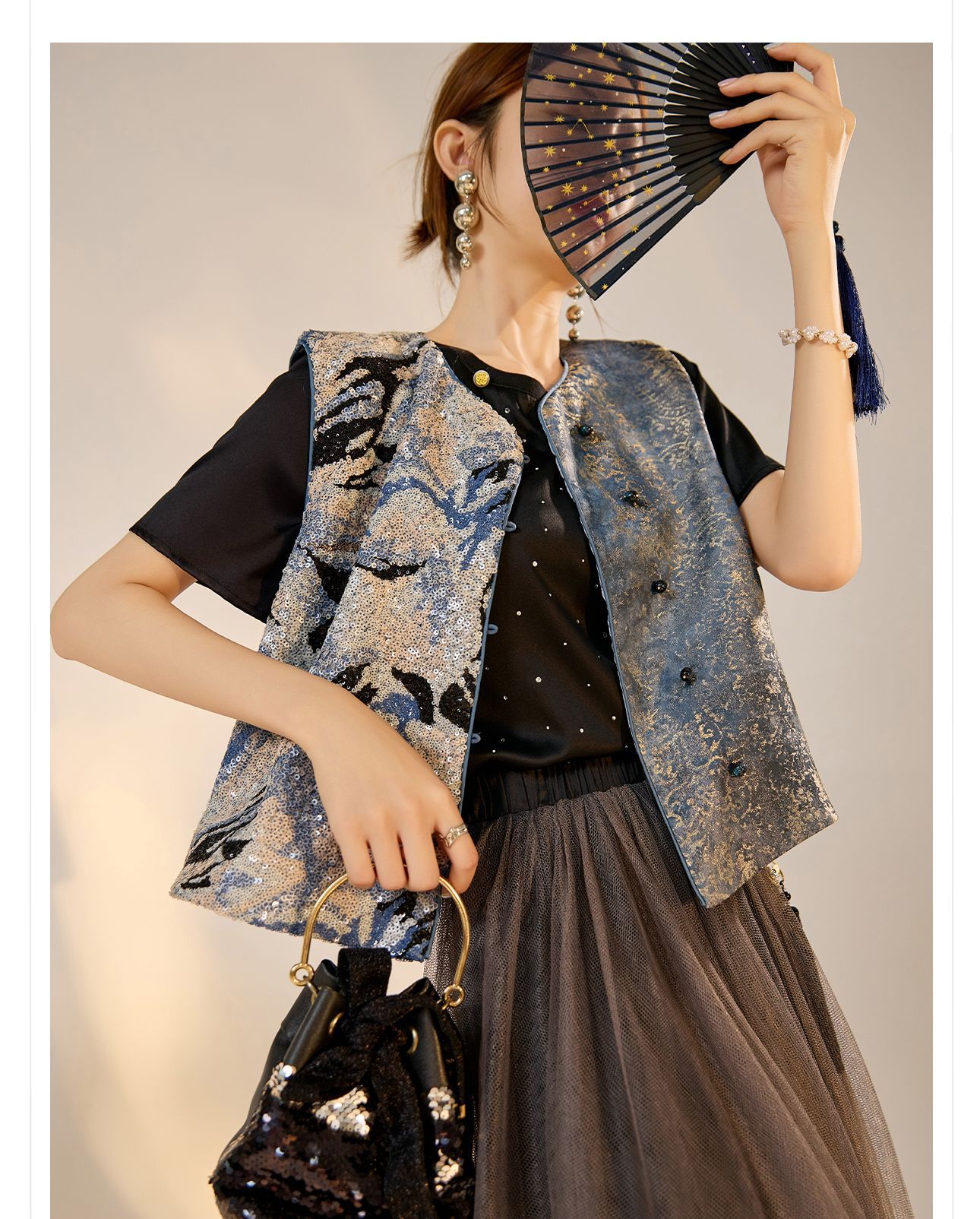 Áo vest nữ phong cách Trung Hoa mới 2026, thiết kế thêu sequin, chất rayon sang trọng — Đen, Màu huyền ảo, Xanh lam chi tiết 23