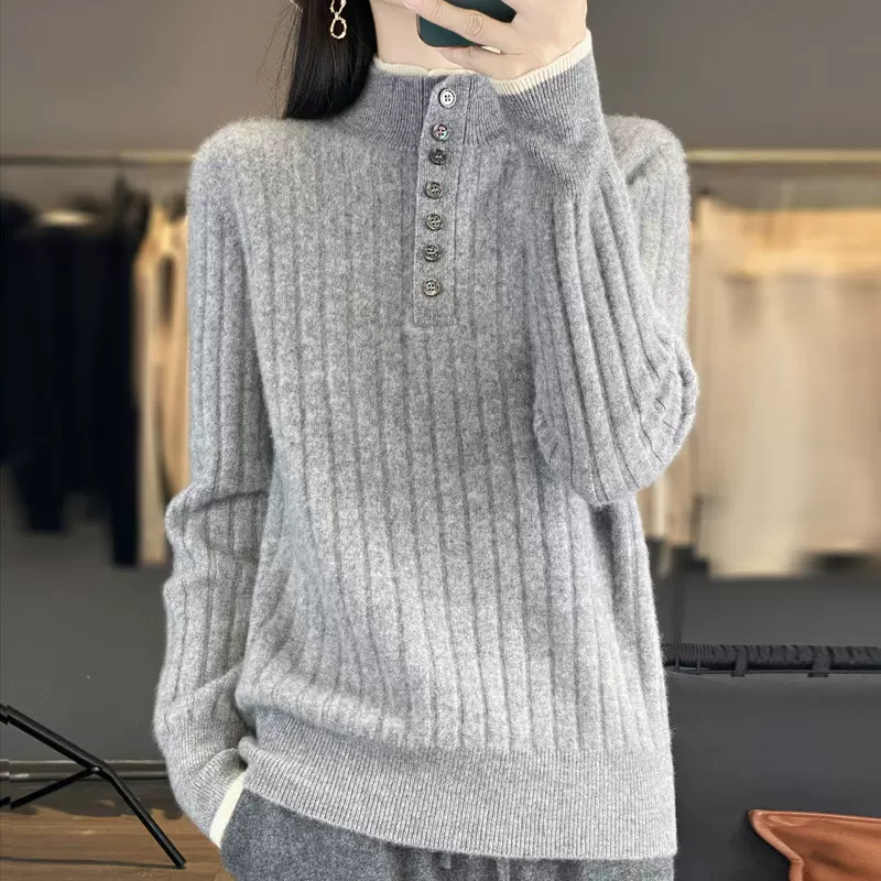 秋冬100%羊毛衫女半开纽扣假两件宽松长袖套头针织打底半高领毛衣