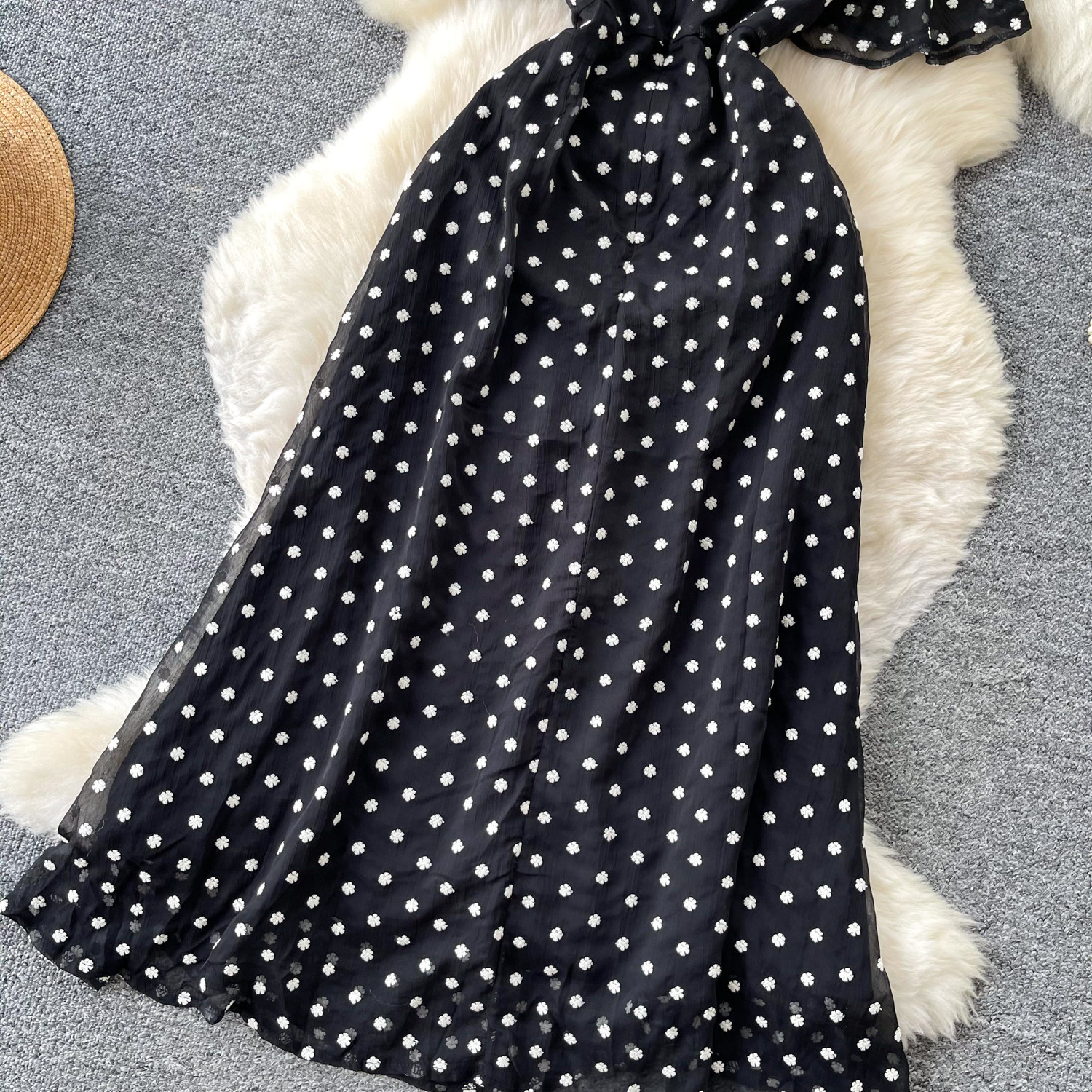 Black Polka Dot Mesh Dress For Women V Neck Short Sleeve High Waist Slimming A Line Long Skirt Ladylike Summer Style_ecoleips.com