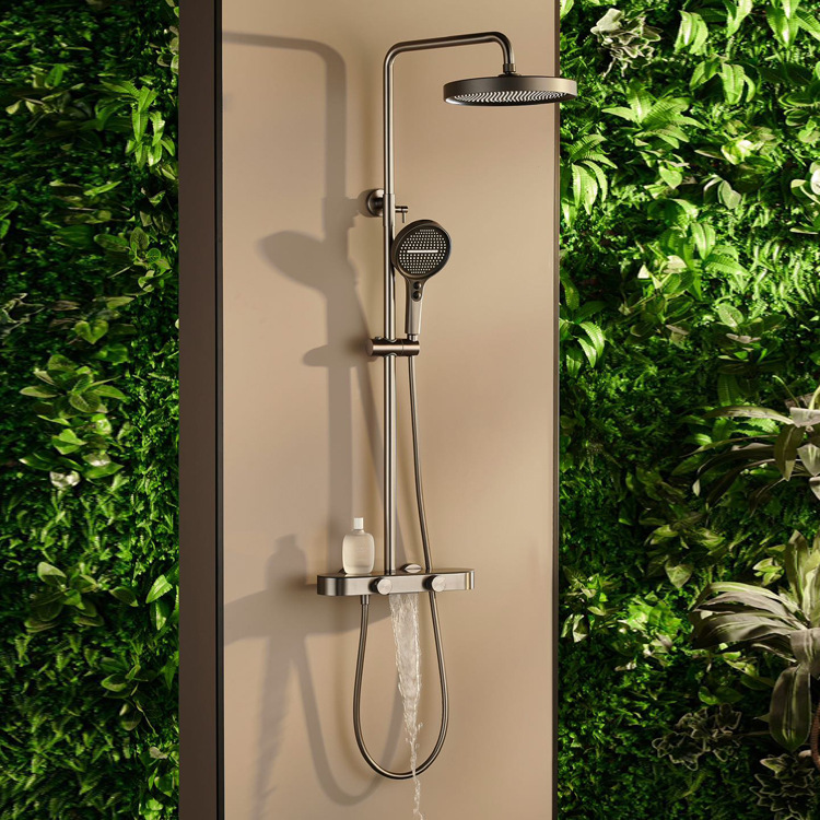 Manufacturer's New Knob-Controlled Hot and Cold Simple Shower Set with Multifunctional Brass Shelf, Gunmetal Gray Showerhead
