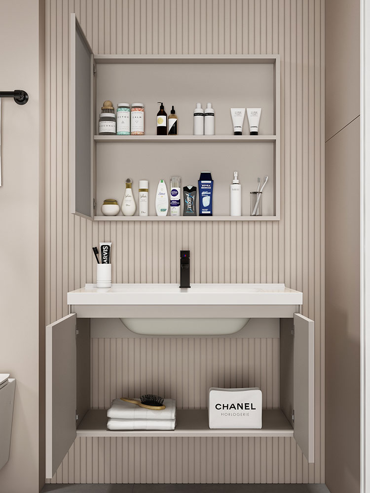 Combinación de gabinete de baño de estilo crema pequeño apartamento baño cerámica lavabo integrado tabla de lavado combinación de gabinete de lavabo