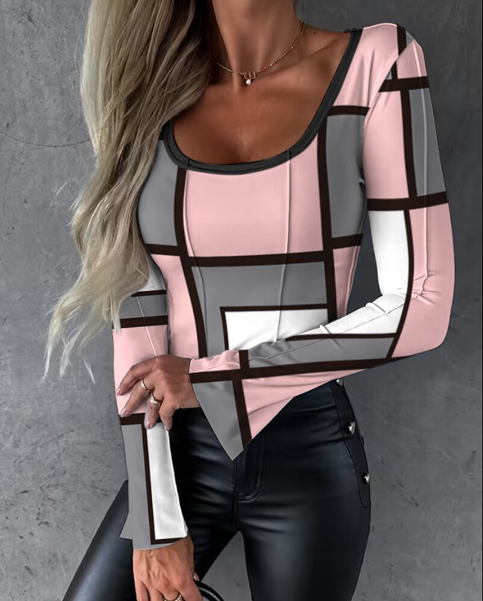 2023 Mode Neues bedrucktes U-Ausschnitt Split Langarm Plissee Craft Top_voghion.com