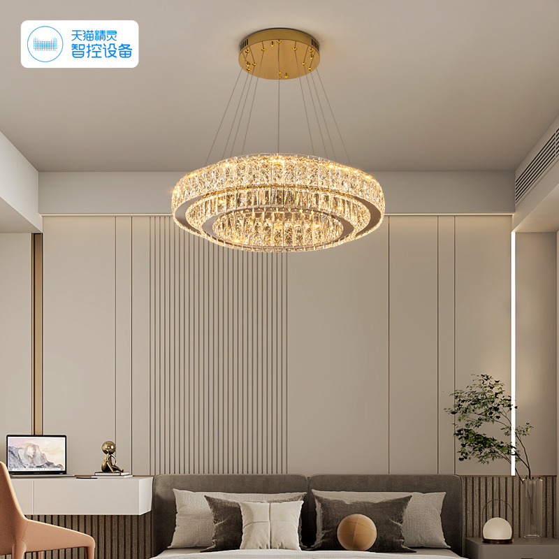 2025 nuevo candelabro de sala de estar atmosférico de alta gama estilo de lujo ligero candelabro de cristal de anillo redondo dormitorio candelabro de comedor