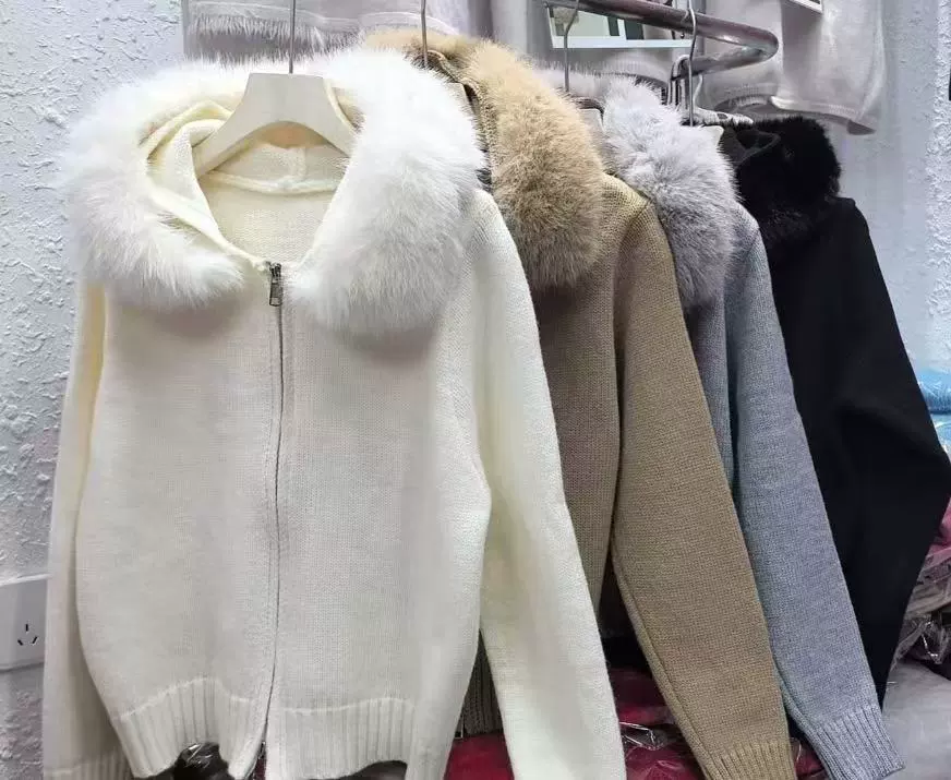 Капюшонный связанный свитер, женский, кардиган-куртка из вязки, отделка искусственным мехом, One Size