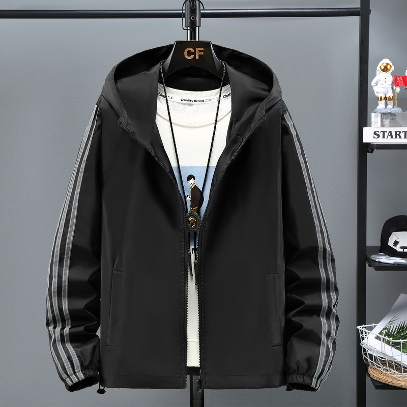 Reflective Three-Stripe Sportswear Jacket Men's Spring and Autumn Hooded Windbreaker Men's Jacket Running Windproof Top Men's
