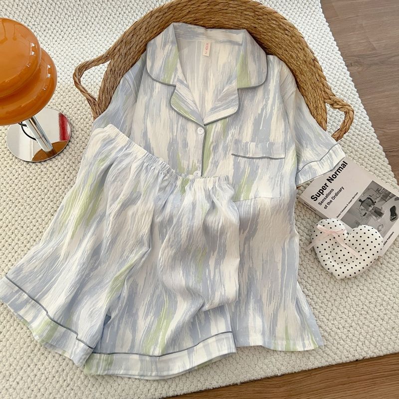 Al por mayor transfronterizo explosión de verano nubes cardigan solapa pijamas de niña dulce mangas cortas pantalones cortos set de ropa para el hogar