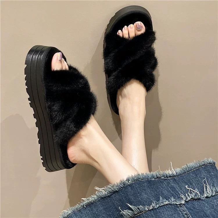 Furry slippers for women's outer wear in autumn 2023 open toe cotton slippers_voghion.com