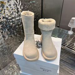 复古平跟显瘦保暖女中筒靴磨砂皮马丁靴翻领两穿欧货爆款雪地棉靴