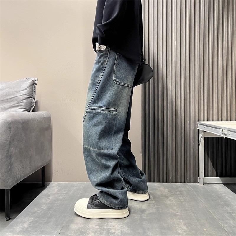 Men's Smoky Gray Washed Retro Straight Leg Jeans Style High Street Loose Fit Trendy Slimming Casual Slightly Flared Trousers_mkmklike.com