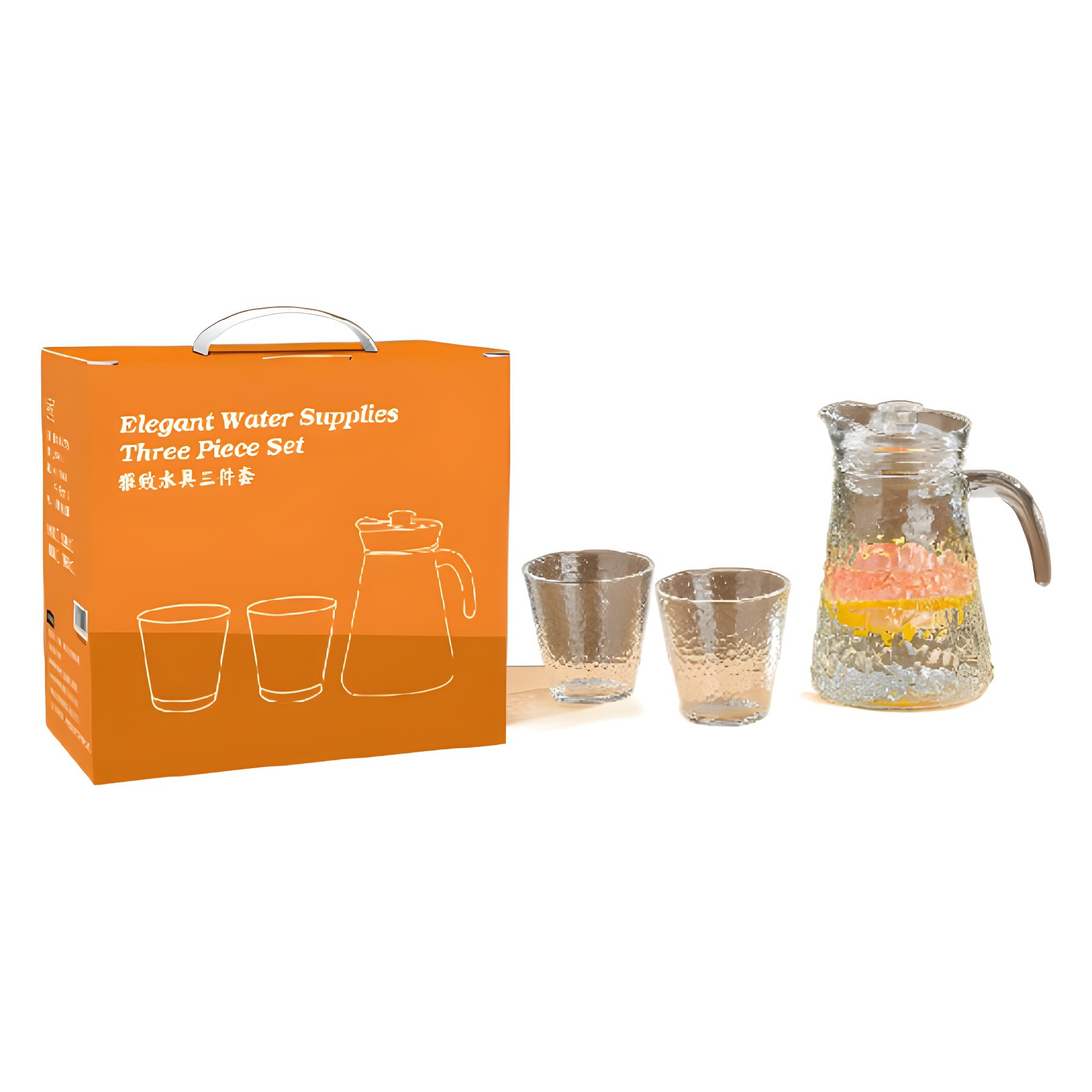 Qixiang elegante set de agua de tres piezas de vidrio de oficina doméstica con patrón de acero, una olla de agua potable, dos tazas de hervidor de agua fría