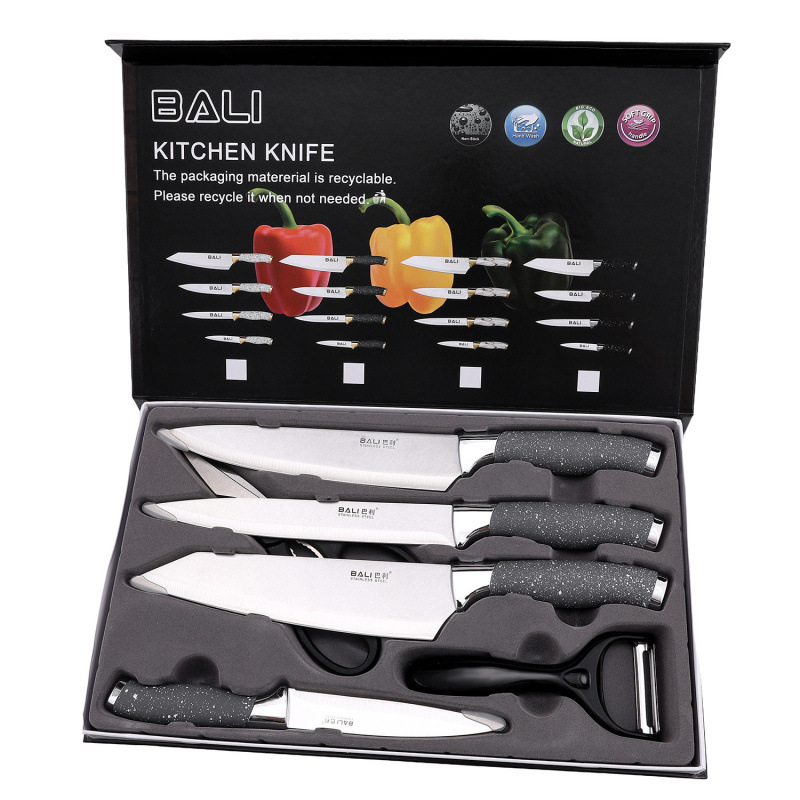 Gran por mayor mármol doble galvanoplastia seis piezas juegos de cuchillos de cocina tijeras cuchillos multifuncionales regalos