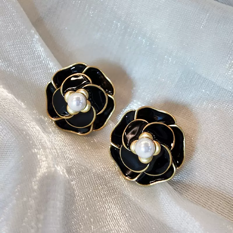 【魅夜珍茶】复古风925银针黑色山茶花 耳环轻奢小众高级感耳饰