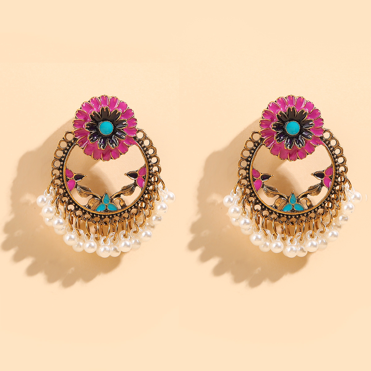 1 Pair Ethnic Style Flower Alloy Pearl Plating Womenu0027S Drop Earrings