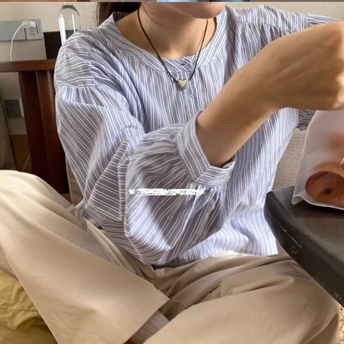 Women's Spring and Autumn Blue Striped Shirt Top 2025 French Design Slim Minority Shirt