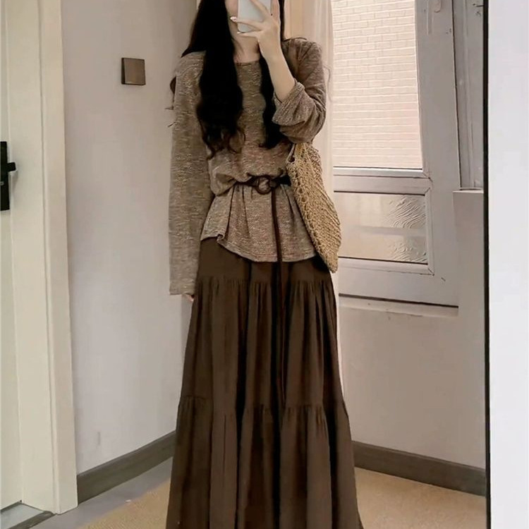 大码美拉德穿搭套装女秋季慵懒风长袖上衣胖MM高腰半身裙子两件套|undefined