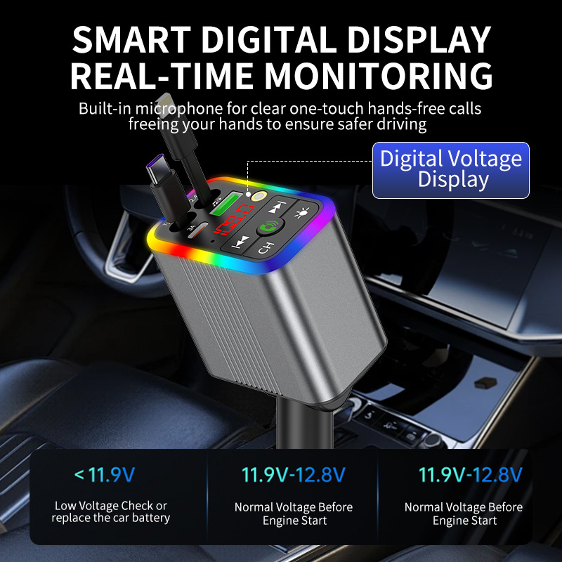 R3 car charger, Bluetooth MP3 receiver, starry sky ambient lighting, built-in retractable cable, fast charging, cross-border supply
