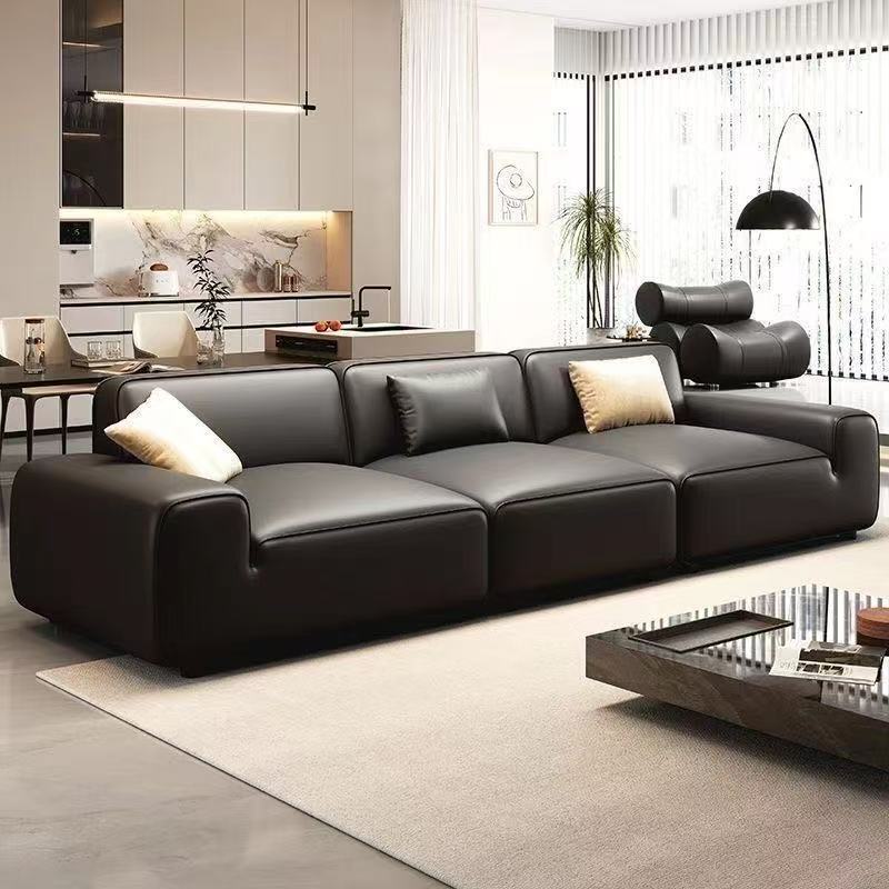 Custom-Made Large Black Cowhide Leather Sofa, Top-Grain Leather Sofa for Living Room, Italian-Style Straight-Row Cowhide Black Cube Sofa