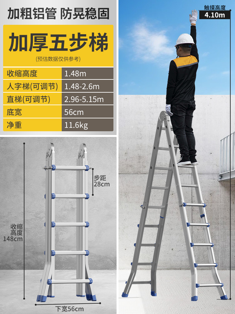 ∉♭ιιιι【독일 표준 두께 1.5MM】 꼬마 거인 다기능 5단 사다리 (견고하고 내구성 우수) - 다기능 접이식 사다리♭아아아아