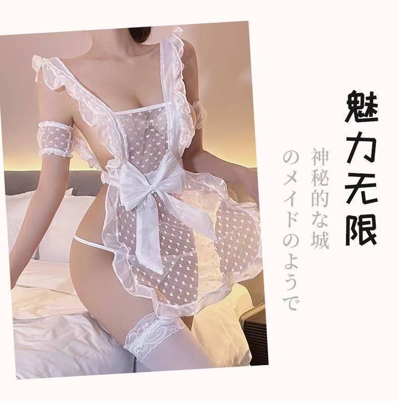 Maid Lingerie Costume Set with Lace Bow Detail and Pink Stockings — detail image 6