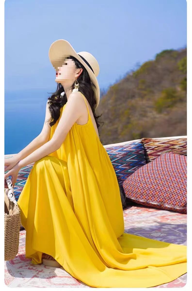 Đầm maxi nữ hở lưng thiết kế siêu tiên, phù hợp đi biển nghỉ dưỡng — màu vàng chi tiết 10