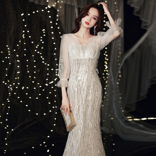 Foreign Trade Evening Dress Sequined Women's 2025 New Summer Elegant Birthday Dress Long Host Catwalk Dress