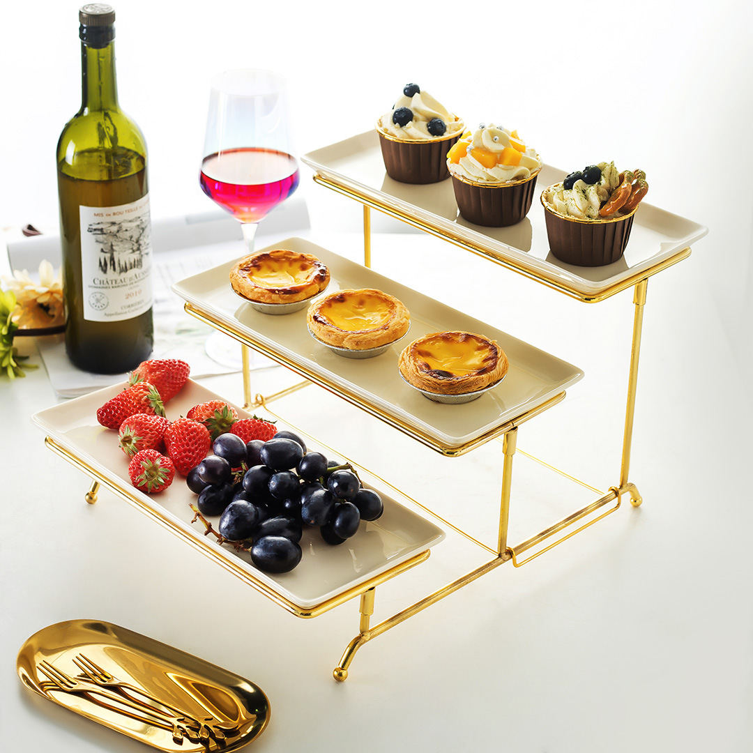 Soporte de cerámica para pastel o snacks | Bandeja de frutas de tres niveles plegable para postres, buffet o decoración