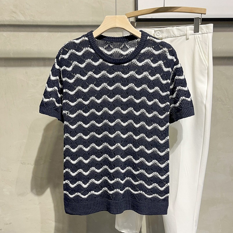 T-shirt uomo maniche corte maglia girocollo righe ondulate casual_voghion.com