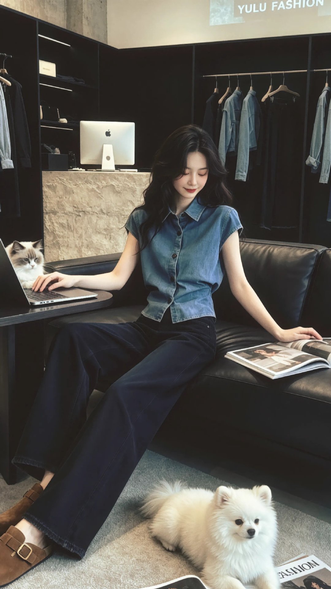 Áo sơ mi nữ cổ lật xanh denim tay bèo nhỏ eo thon — màu xanh nhạt chi tiết 3