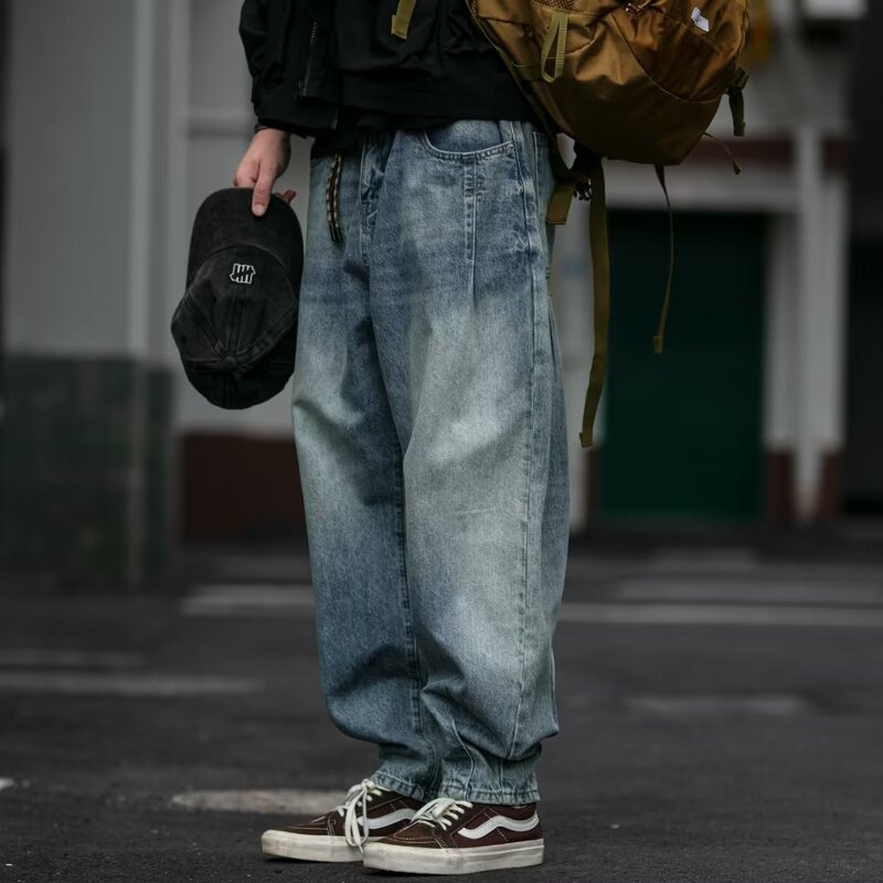 American-style Retro Folding Tooling Jeans Men's Loose Straight Tapered Pants Washed Old Wide-leg Harem Trendy Pants