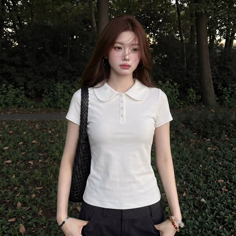 Korean-style college-style sweet short-sleeved white T-shirt for women, summer doll collar design, slim-fit, waist-cinching, cropped top Korean-style college-style sweet short-sleeved white T-shirt for women, summer doll collar design, slim-fit, waist-cinching, cropped top