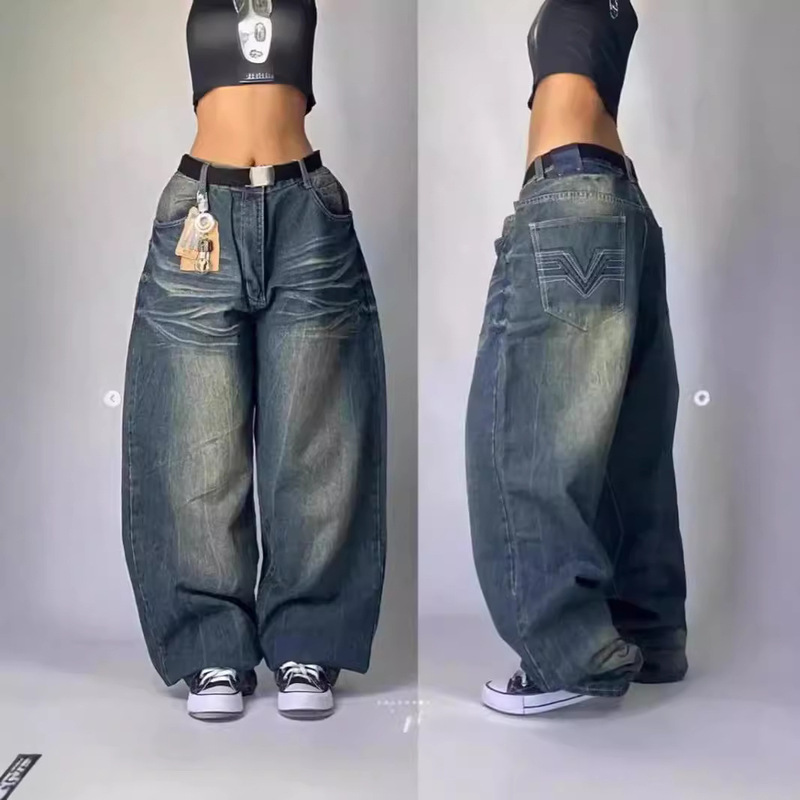 Cross-border E-commerce 2024 New American Hip-hop Retro Loose Jeans Women's Harajuku High Waist Y2K Wide Leg Pants