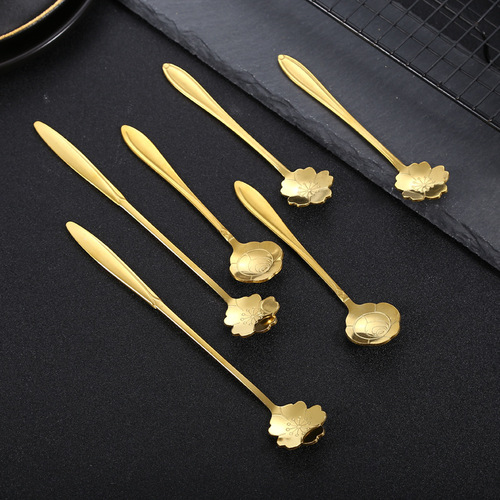Souvenir stainless steel spoon, creative coffee spoon, stainless steel cherry blossom gold long flower spoon, dessert mixing spoon