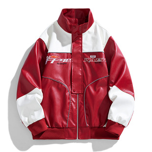 Embroidered color matching youth leather 2024 new coat new men's PU leather coat stand collar motorcycle clothes