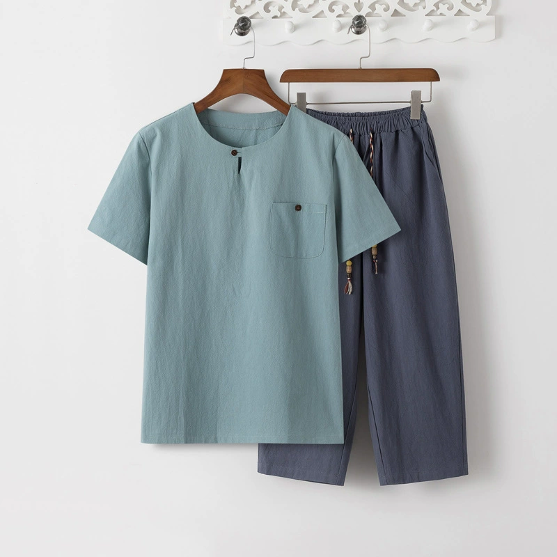 2025 Летний китайский стиль костюм дзен костюм хлопка и льна с короткими рукавами