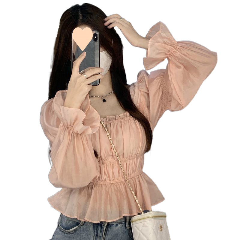 프랑스 스타일 우아한 트럼펫 소매 셔츠 여성의 가을 2024 새로운 달콤한 스퀘어 칼라 슬리밍 슬림 핏 긴 소매 탑