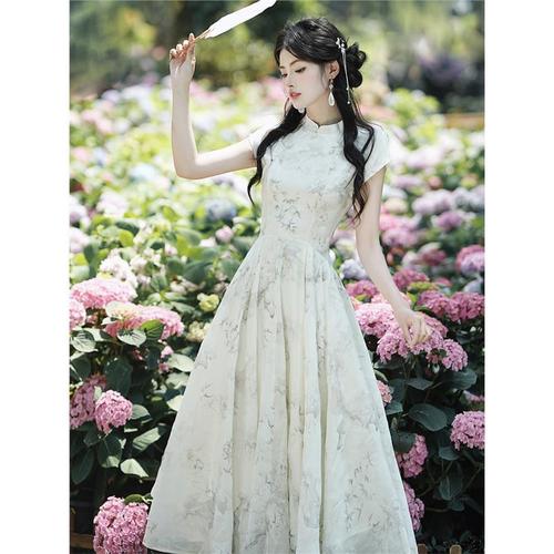 150 Small Size Chinese Style Improved Dress for Women, Summer New Chinese Style Bamboo Cheongsam with Waist Control, A-Line Mid-Length