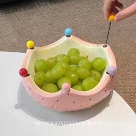 草莓果盘水果叉可爱陶瓷大容量水果盘不锈钢安全水果签果叉碗套装